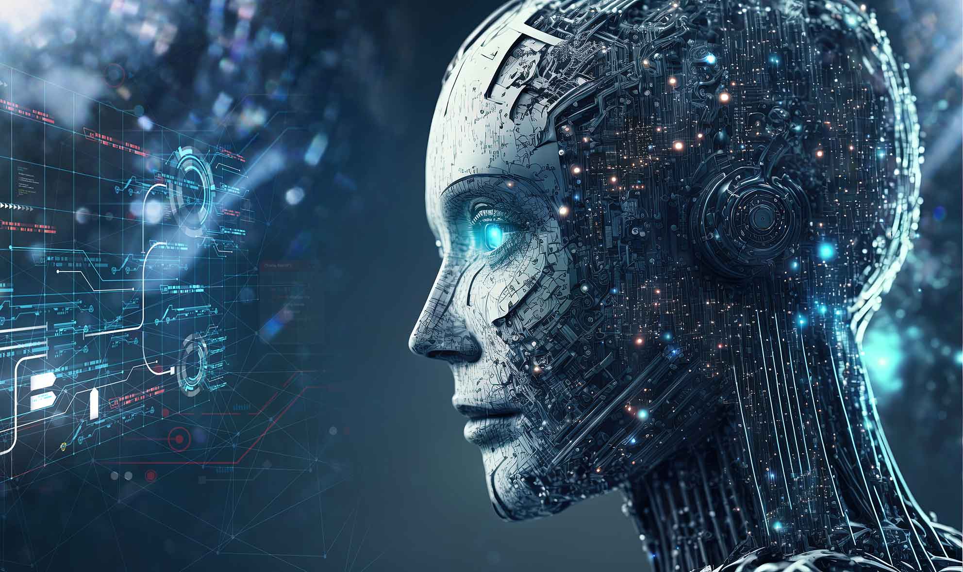 Rostro humanoide cibernético con ojo brillante, simbolizando la visión futurista de Microsoft sobre la integración de la inteligencia artificial en la educación.