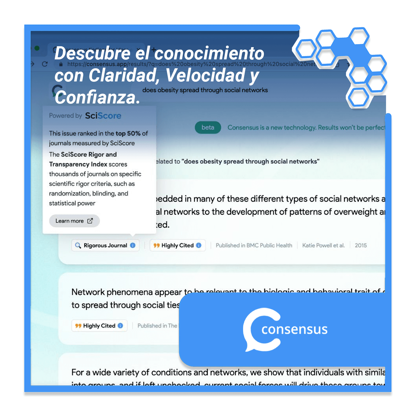 Captura de pantalla de una página web que muestra una interacción con IA para buscar información objetiva, con el texto "Descubre el conocimiento con Claridad, Velocidad y Confianza" y el logotipo de Consensus en la esquina inferior derecha.