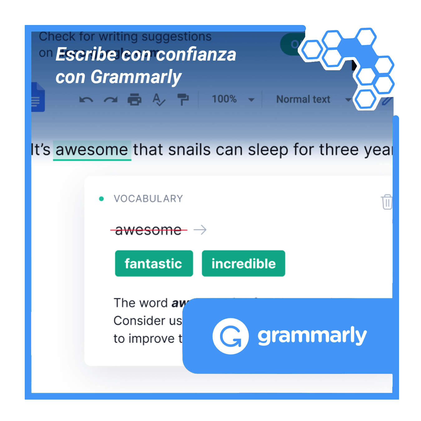 Captura de pantalla de Grammarly mostrando una sugerencia de corrección de vocabulario, con el texto "Escribe con confianza con Grammarly" y el logotipo de Grammarly en la esquina inferior derecha.