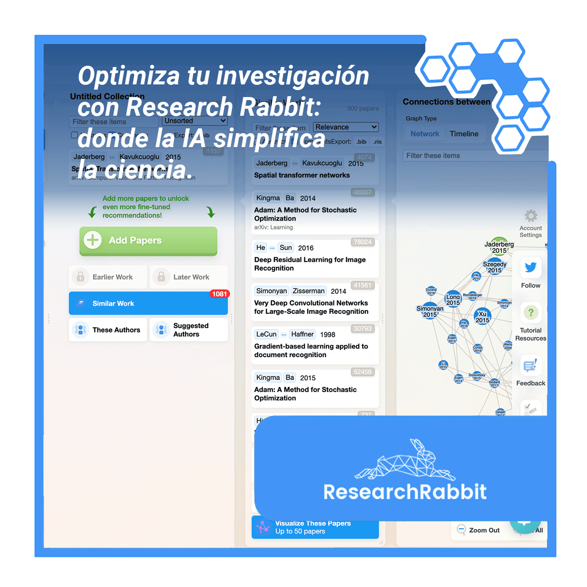 Captura de pantalla de una página web que muestra cómo Research Rabbit optimiza la investigación científica mediante la IA, con gráficos de conexión de estudios y el texto "Optimiza tu investigación con Research Rabbit: donde la IA simplifica la ciencia". Logotipo de Research Rabbit en la esquina inferior derecha.